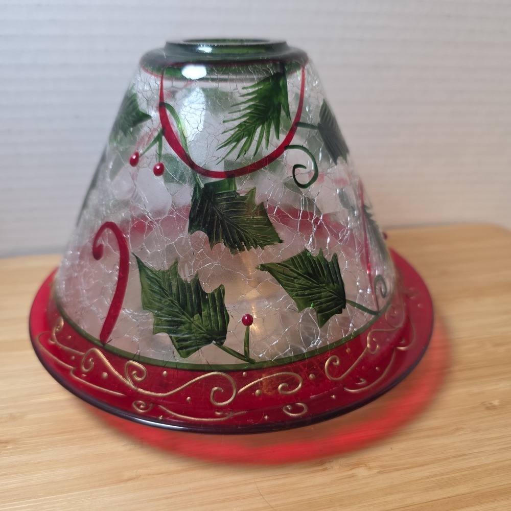 YANKEE CANDLE Crackle Glass Jar Shade & Plate Pine Needles Leaves Christmas
